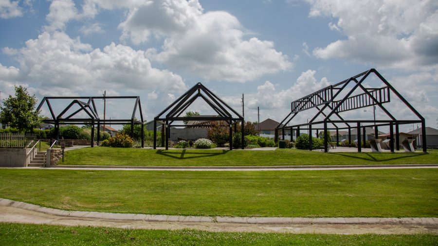 The Joplin Butterfly Garden and Overlook is in Cunningham Park, considered ground zero for the EF 5 tornado that ripped through southwest Missouri in 2011. The frames represent homes that stood on the spot. (Brigette Waltermire/News21)