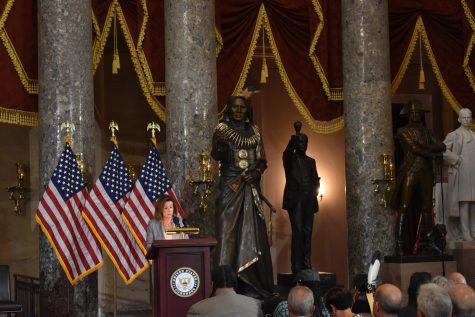 House Speaker Nancy Pelosi speaks at dedication of Chief Standing Bear statue in Statuary Hall of the U.S. Capitol.