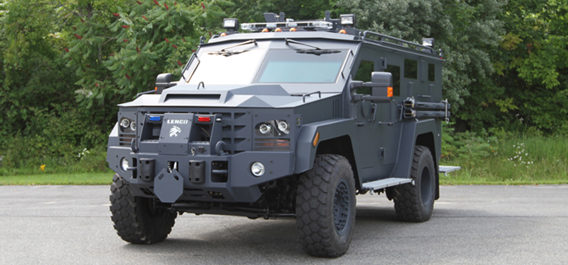 The Lenco BearCat (Ballistic Engineered Armored Response Counter Attack Truck) G3 is designed specifically for law enforcement purposes and is not weaponized, though it is equipped with gunports large enough to fit 40mm gas canisters or small arms. Priced from $200,000 to $275,000, the 20-foot vehicle has seats for up to 12 officers or evacuees and running boards where additional personnel can be accommodated. Photo courtesy of Lenco. 