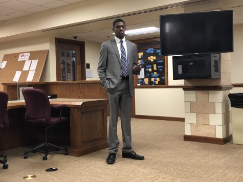 Former SGA president J.D. Baker gives a speech before the inauguration of the new SGA president, Yaseen Shurbaji.
