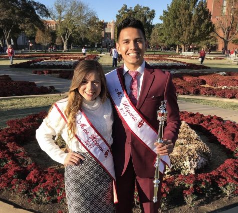 Winners of The Mr. & Miss Hispanic OU 2017 Pageant, Jema Esparza and Christopher Coronado in front of the South Oval for Homecoming 2017.