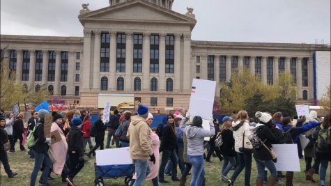Teachers and college students studying education participate in a walkout in front of the Oklahoma State Capitol in Oklahoma City April 2.