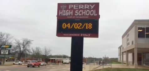 The Perry High School marquis displays the current date and date of the teacher walkout for Oklahoma on Monday. Though supportive of the movement, Perry schools were in session on the day of the walkout due to end-of-year scheduling requirements while many other schools around the state were closed for the event.