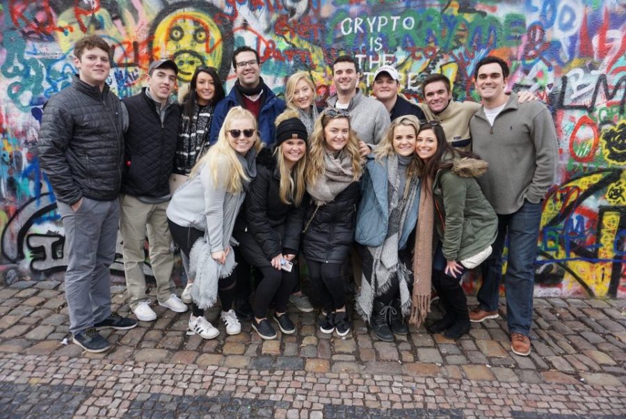 Students studying in Prague, Czech Republic with the Cultural Experiences Abroad (CEA) program. Mac Metzler (back row, far right) is an OU finance student who was connected to CEA through OU Education Abroad. Photo by Mac Metzler.
