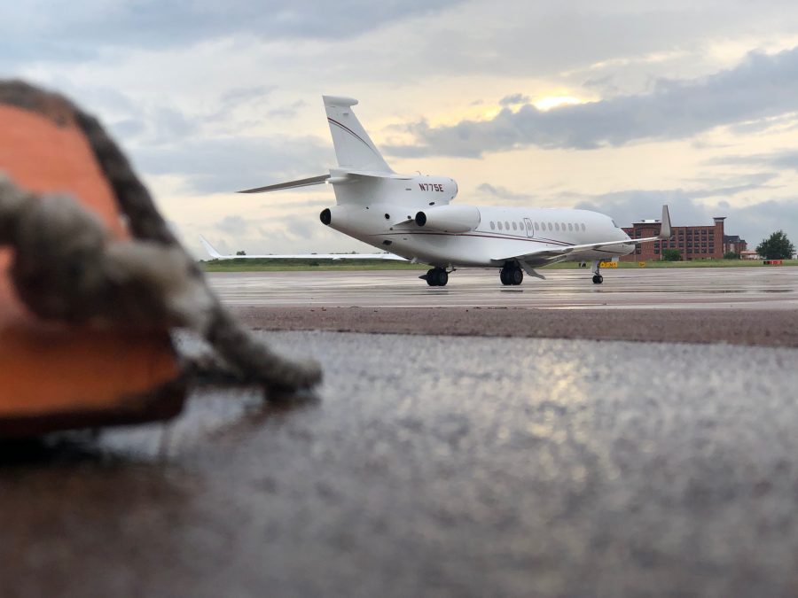 Incoming Jets: A parked private jet sits on the tarmac of Norman’s Max Westheimer Airport. Over 20 jets arrived at the airport during OU’s football game with UCLA last weekend. Photo by Brandon King.