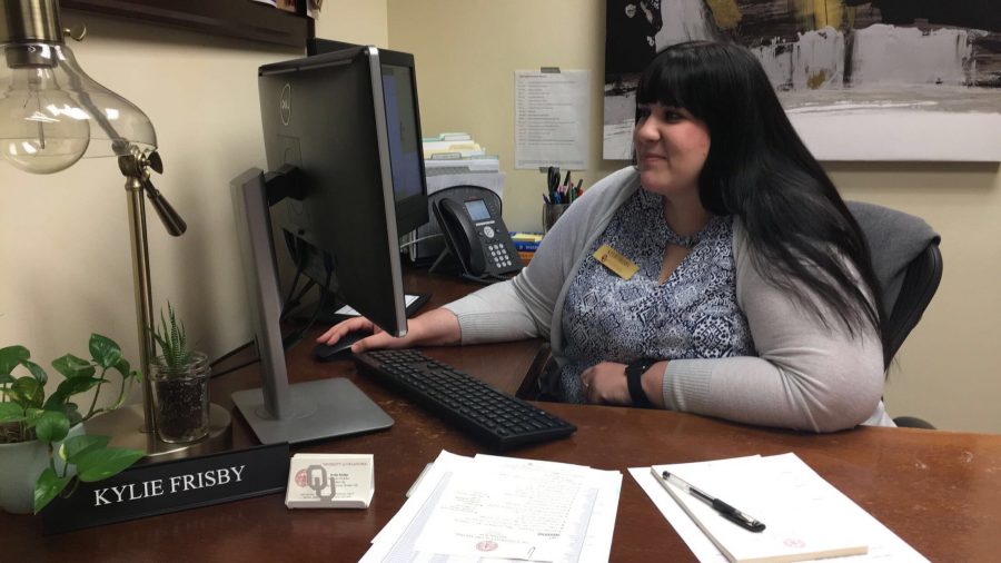 Kylie Frisby, Panhellenic Association Advisor and Assistant Director of Student Life, sits at her desk in her office on Sept. 13, 2018.

