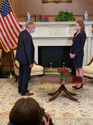 Oklahoma Sen. Jim Inhofe (left) meets with Supreme Court Justice nominee Judge Amy Coney Barrett (right) on Oct. 21 at the US Capitol. Fellow Oklahoma Sen. James Lankford also met with Judge Barrett an hour earlier. Gaylord News/Emma Sears
