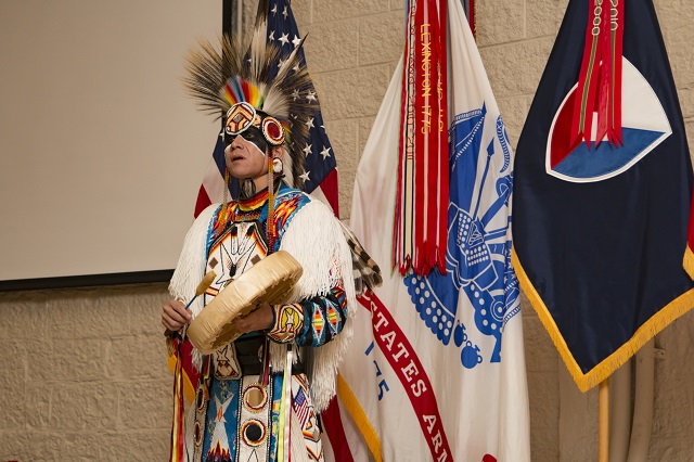 Ronald Preston from the San Carlos Apache Nation addresses the audience to a Native American Indian Heritage Month Observance at Rock Island Arsenal, Ill., Nov. 21, 2016. The event also featured a presentation by retired Maj. Jo Ann Schedler, a member of the Mohican Nation. (Photo by Staff Sgt. Ian M. Kummer, First Army Public Affairs)