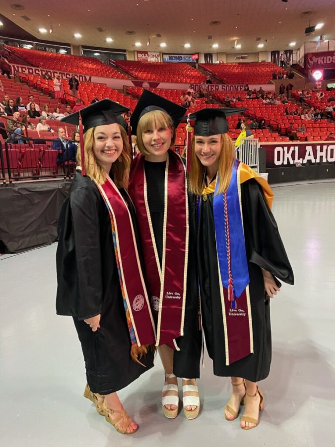Gaylord News reporters Miranda Vondale Foster (left), KaraLee Langford (center) and Brooklyn Wayland (right) pose together during the May 16 graduation ceremony for The University of Oklahoma Gaylord College of Journalism. The trio were hosts for the “Survive & Thrive” podcast, a year-long endeavor to discuss COVID-19 and racism with Oklahomans from all walks of life. 