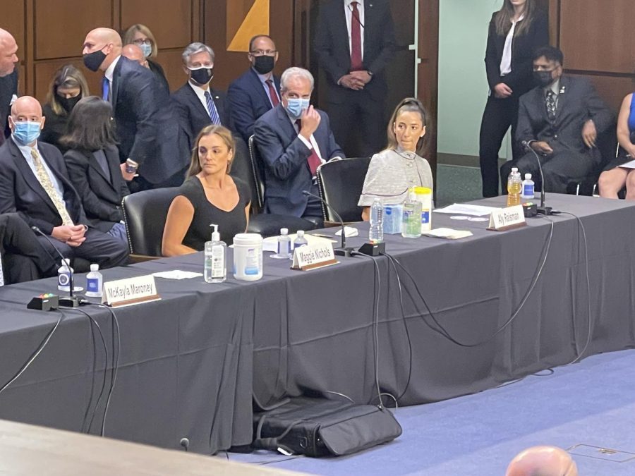Maggie Nichols, former standout OU gymnast, testifies before the Senate Judiciary Committee, alongside Aly Raisman and three other Larry Nassar’s victims. (Gaylord News/Zaria Oates)
