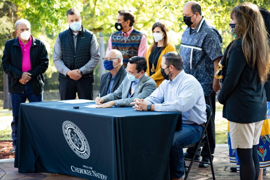 Cherokee Nation Principal Chief Chuck Hoskin Jr.,Cherokee Nation Deputy Principal Chief Bryan Warner and other Cherokee Nation leaders including the tribe’s Language Department gather at Sequoyahs Cabin Museum to sign the Sequoyah Day proclamation. (Provided)
