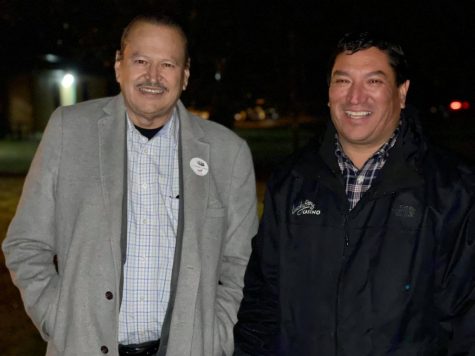 Gov. Reggie Wassana, right, and Lt. Gov. Gib Miles stand together shortly after their reelection the night of Nov. 2. (Photo provided by Cheyenne and Arapaho Tribes)