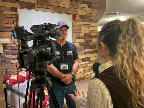 A Stitt supporter is interviewed at the Red Wave Rally. (Gaylord News/Mikaela DeLeon)