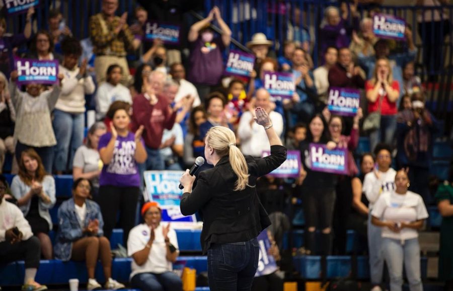 Kendra Horn addresses the crowd at her rally on Sunday, Oct. 30. (Photo courtesy of @kendrahornok on Instagram)