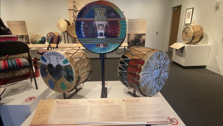 Drums at the Voices from the Drum Exhibit at the First Americans Museum. (Gaylord News photo/Jay Toyebo)