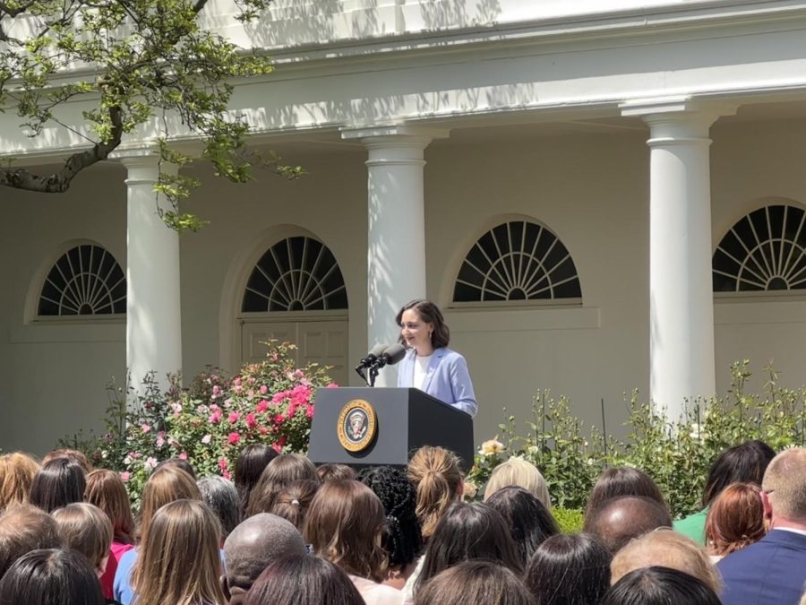 Tulsa math teacher at Union High School Rebecka Peterson speaking at the White House Rose Garden Monday, April 24, 2022 (Gaylord News photo/Noah Mack)