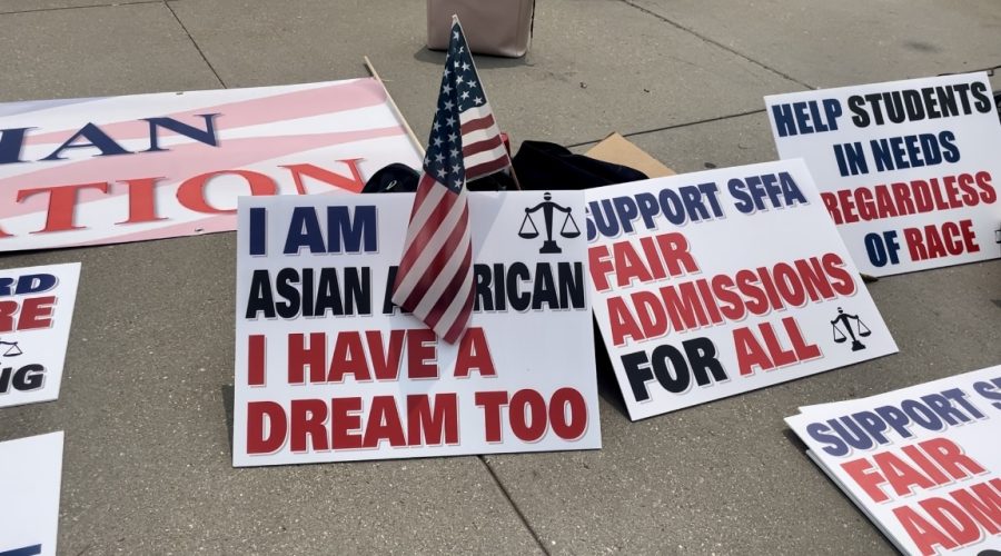 The paraphernalia of Asian American protesters left behind outside of the Supreme Court.