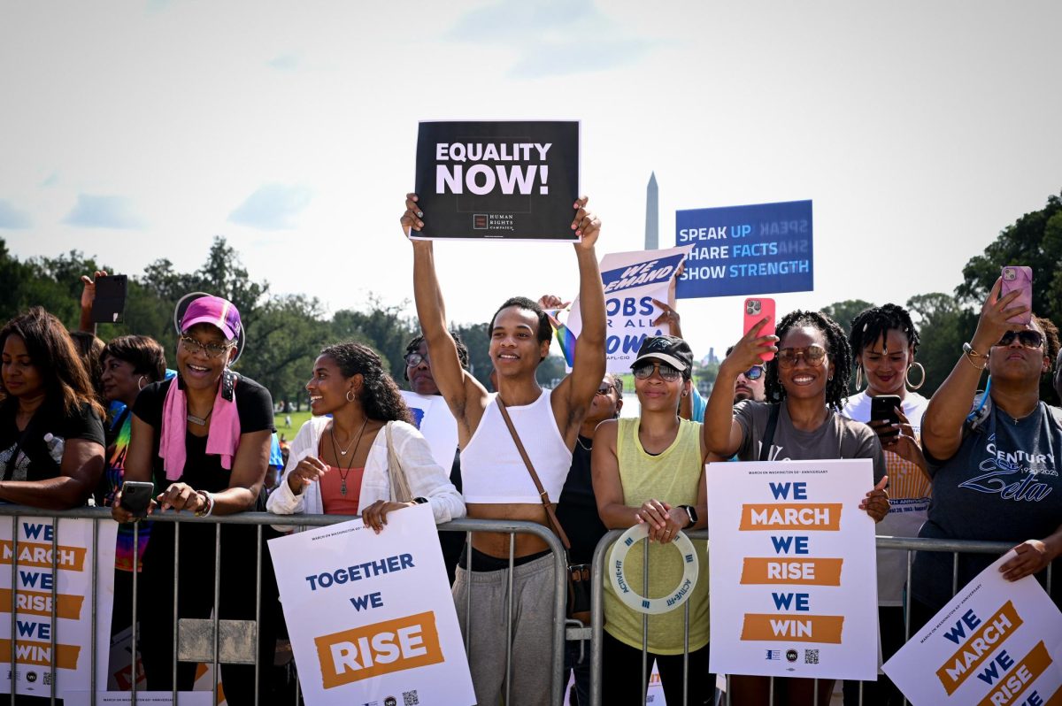 Crowd gathered at the March on Washington’s 60th Anniversary Continuation Event during the planned speeches at steps of the Lincoln Memorial.