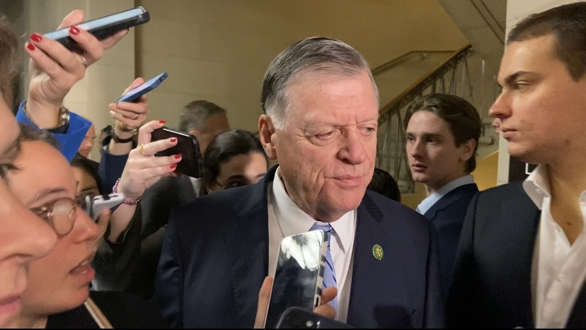 Oklahoma Representative Tom Cole (R, Moore) talks to reporters before the candidate forum on Friday, Oct. 13, 2023. Photo by Maddy Keyes. 
