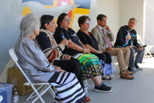 Panelists who shared insights from the filming in Oklahoma of “Killers of the Flower Moon” were, from left, Winnie Guess Perdue, Frances Williams, Danette Daniels, Billie Ponca and R.J. Walker. Matt Roberts, far right, was master of ceremonies for the celebration at Dream Keepers Park in Tulsa. (Photo by Echo Reed, Osage News)

