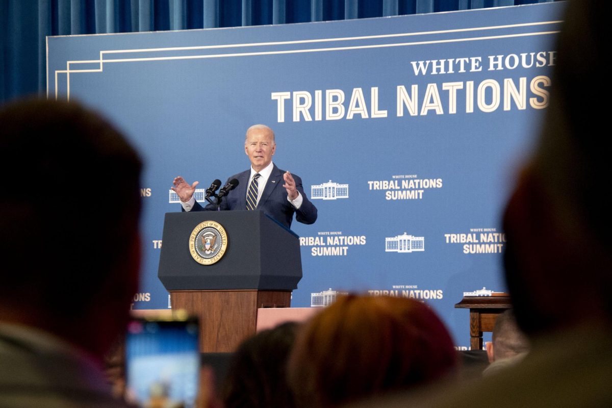 President Joe Biden speaks to the crowd at the 2023 White House Tribal Nations Summit before signing executive order on easier access to federal funding and investing funds for Native Americans. Gaylord News/Julia Manipella

