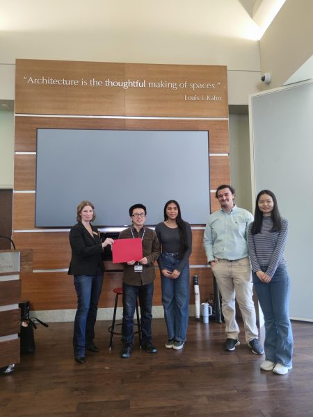 From left,  Siyu Zhu, Codie Horse-Topetchy, Sebastian C. Ferraro and Haifan Xiao accept first- place honors at the University of Oklahoma’s Graduate Student and Postdoctoral Research and Activity Day on March 1 for their poster over the study. (Photo courtesy of Siyu Zhu)
