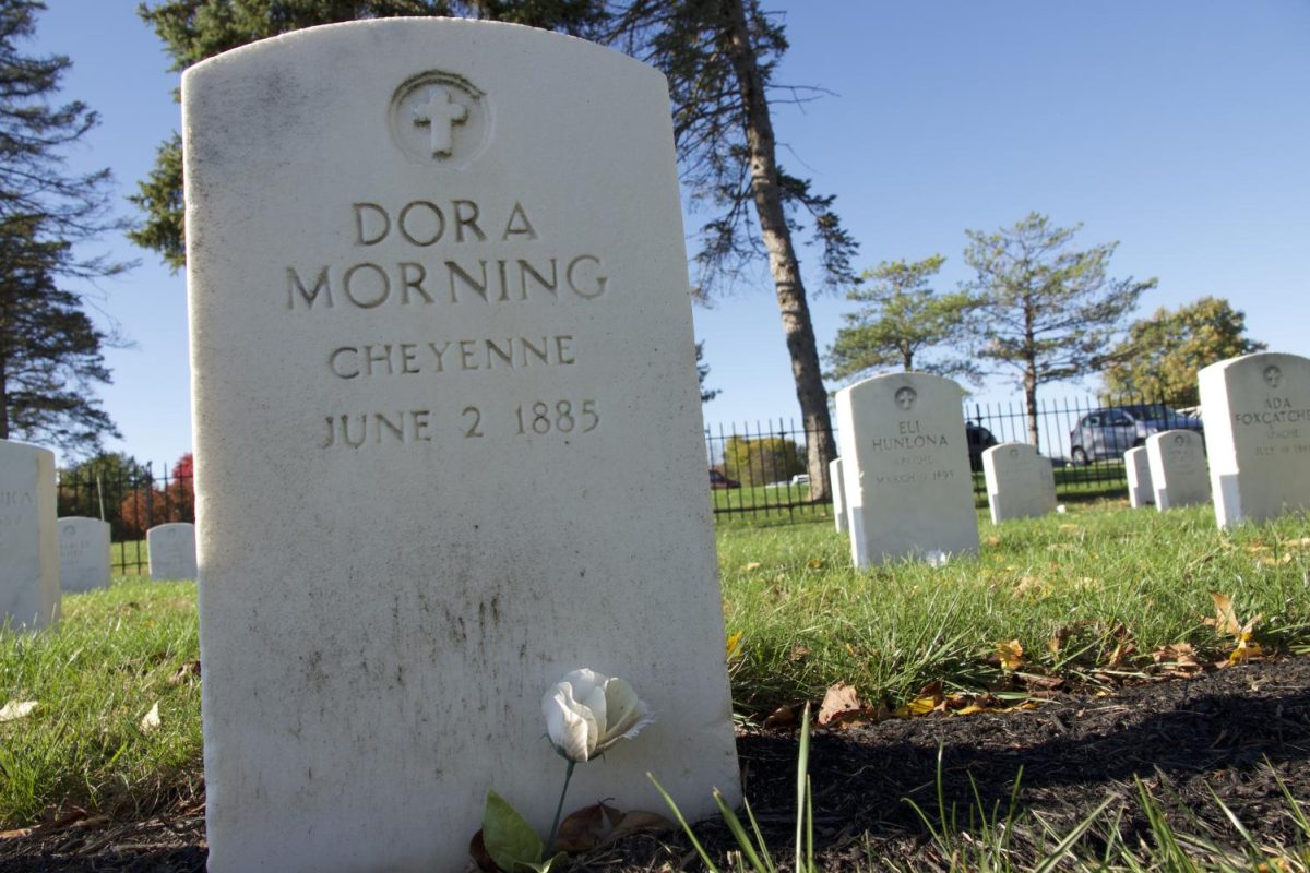 Dora Morning, a member of the Cheyenne Nation, is buried in the Carlisle Indian Cemetery on the former grounds of the Carlisle Indian Industrial School, where she died in 1885.  The Carlisle Indian Industrial School sits on the grounds of the present-day U.S. Army War College. Photo by Addison Kliewer/Gaylord News.