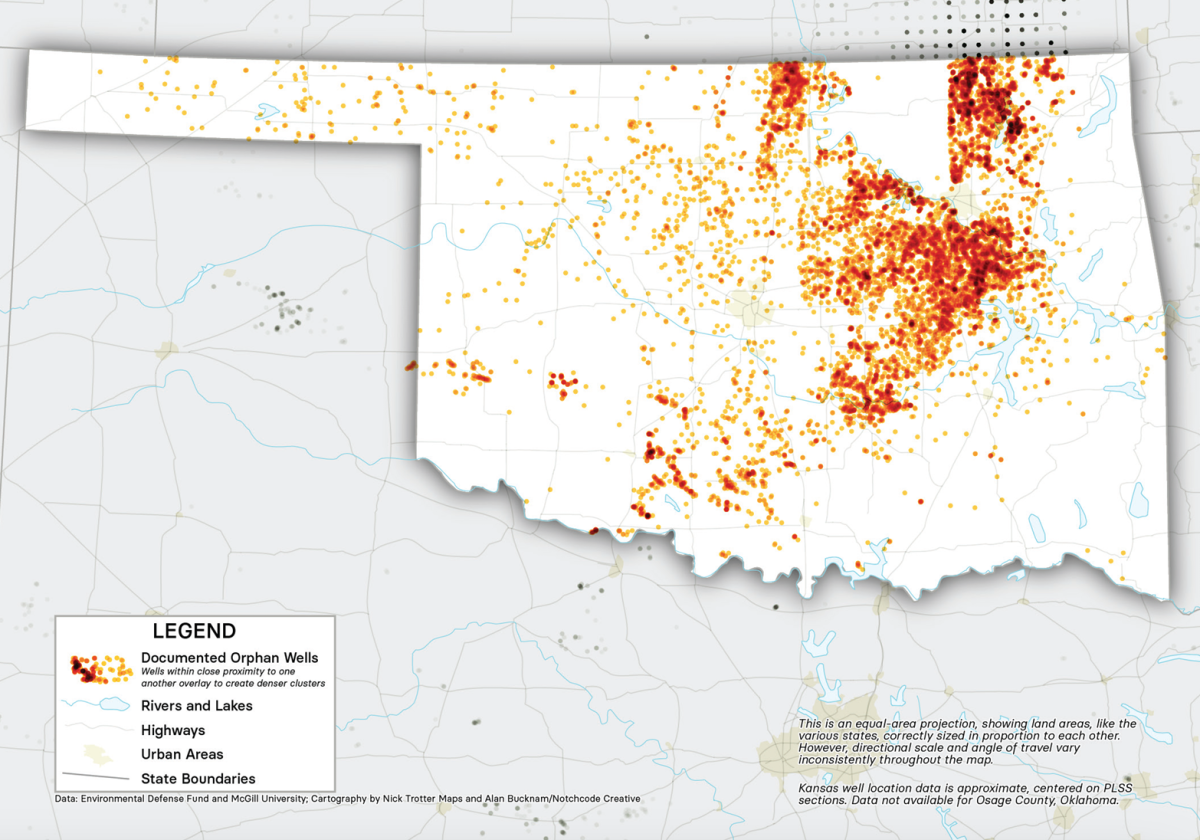 The Environmental Defense Fund has mapped orphaned wells in Oklahoma. There are at least 15,965 orphaned wells throughout the state, not including those located within the boundaries of the Osage Nation. Copyright © 2024 Environmental Defense Fund. Used by permission. The original material is available at http://edf.org.