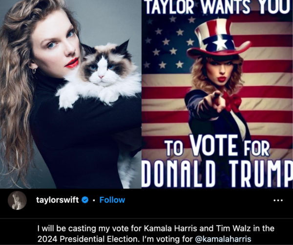 Following the September 10 debate between former President Donald Trump and Vice President Kamala Harris, Taylor Swift (left) officially endorsed Harris in the 2024 Presidential Race in a post on Instagram (bottom). She cited Trump’s recent post of an AI-generated image of her (right) claiming she had endorsed him as one of the reasons for the post. Gaylord News/Kevin Eagleson