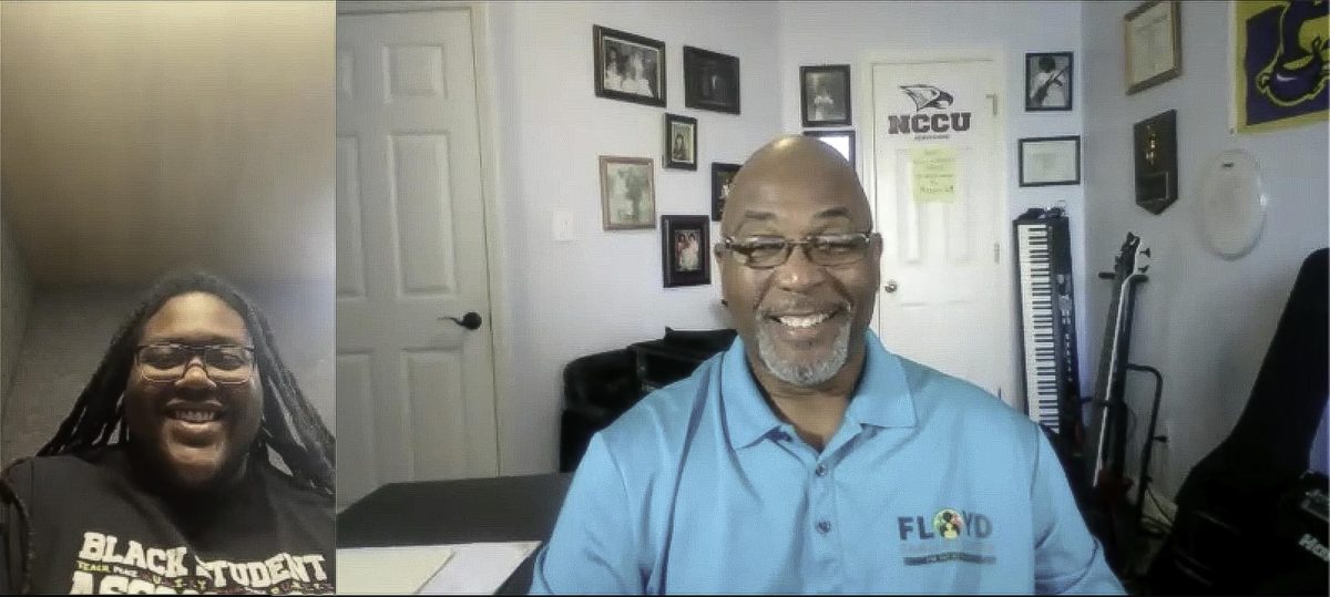 Thomas McLaurin and Voices of Resistance podcast host LJ Golston meeting up on Zoom to discuss the Floyd Family Center for Social Equity. May 29, 2024.