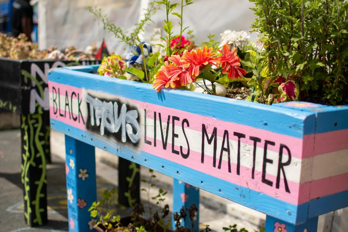 A standing garden sits next to the George Floyd Memorial. PHOTO: Maria Nairn