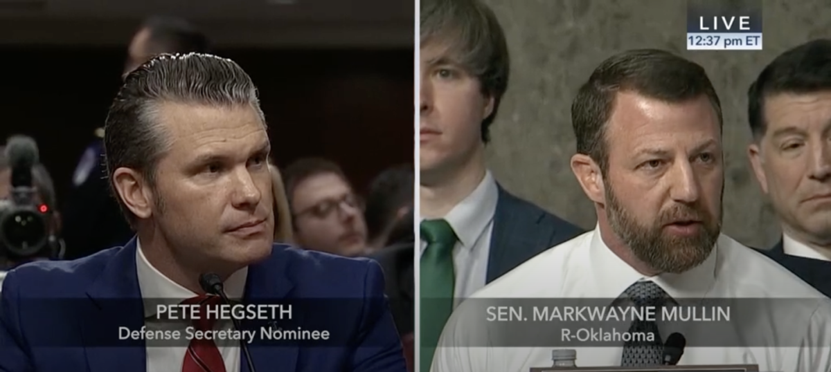 Pete Hegseth, left. Sen. Markwayne Mullin, right. /Courtesy CSpan.org