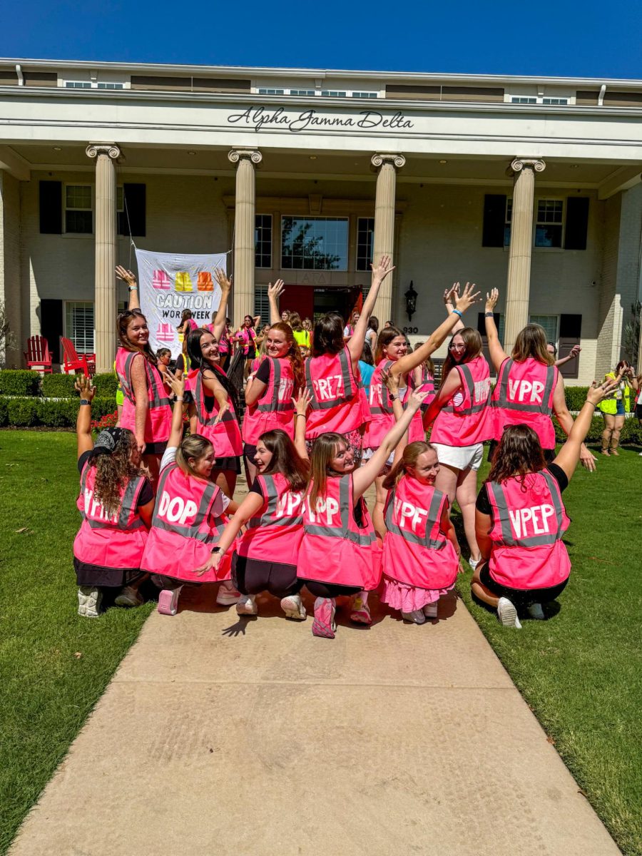 Women of the Alpha Gamma Delta chapter at the University of Oklahoma coordinate a sorority recruitment video for TikTok. Starting in the summer of 2021, sorority recruitment became a viral trend on the platform due to the prevalence of dance videos created by chapters at universities across the country, specifically at the University of Alabama. “Alabama RushTok” has impacted the university’s admissions and recruitment and is credited by some at SEC universities to have led to the increase in enrollment at institutions with large Greek Life presences.