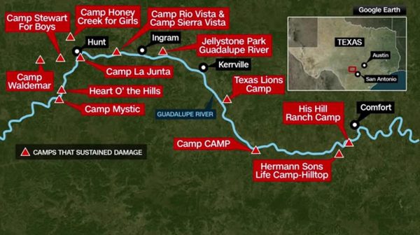 Map showing the affected camps along the Guadalupe River in Kerr County that were impacted by the catastrophic flooding. /Live Storm Chasers