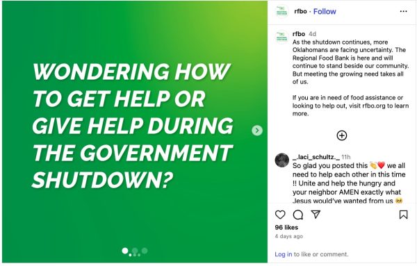 Regional Food Bank of Oklahoma Instagram post saying it will stand with Oklahomans during a shutdown. /RFBC Instagram post
