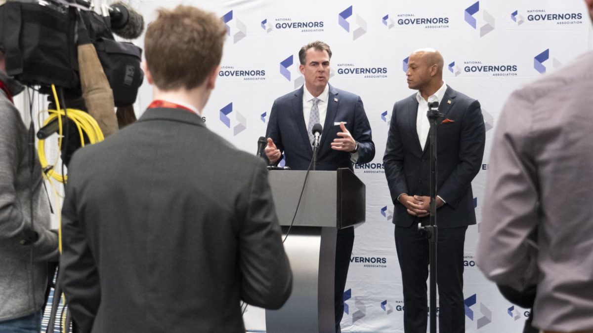 Gov. Kevin Stitt alongside Maryland Gov. Wes Moore during the closing remarks of the National Governors Association Winter Meeting.  Photo provided by National Governors Association Instagram