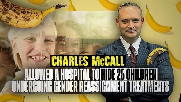 An AI-generated depiction of former House Speaker Charles McCall peeling a banana appears in a political advertisement released by Make Oklahoma Great Again PAC during Oklahoma’s 2026 Republican gubernatorial primary. 