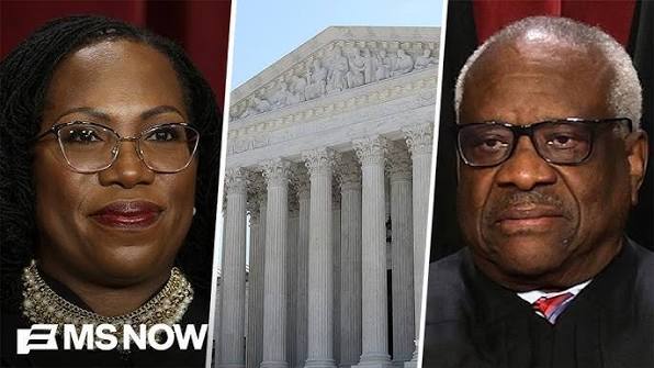 Associate Justice Ketanji Brown Jackson and Associate Justice Clarence Thomas frame the Supreme Court. Gaylord News/MS NOW graphic.